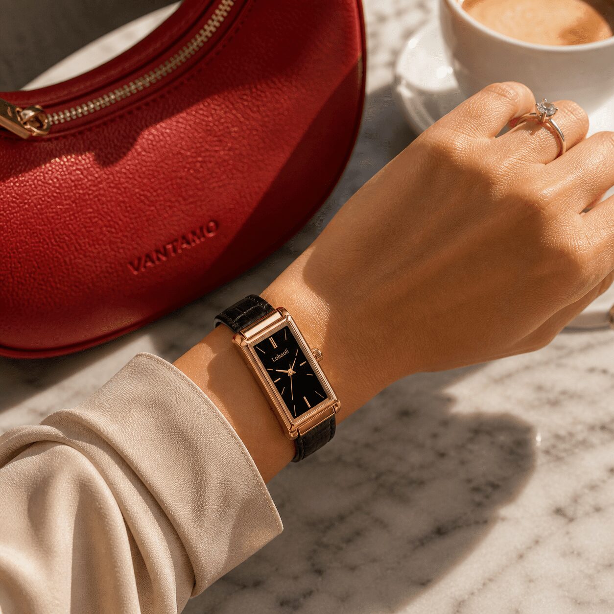 Deselon Rectangular Watch — Gold Black Leather